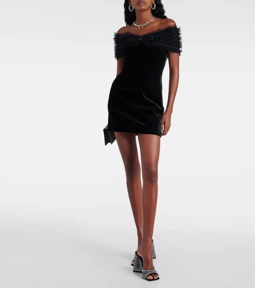 Alessandra Rich Off-shoulder velvet and tulle minidress