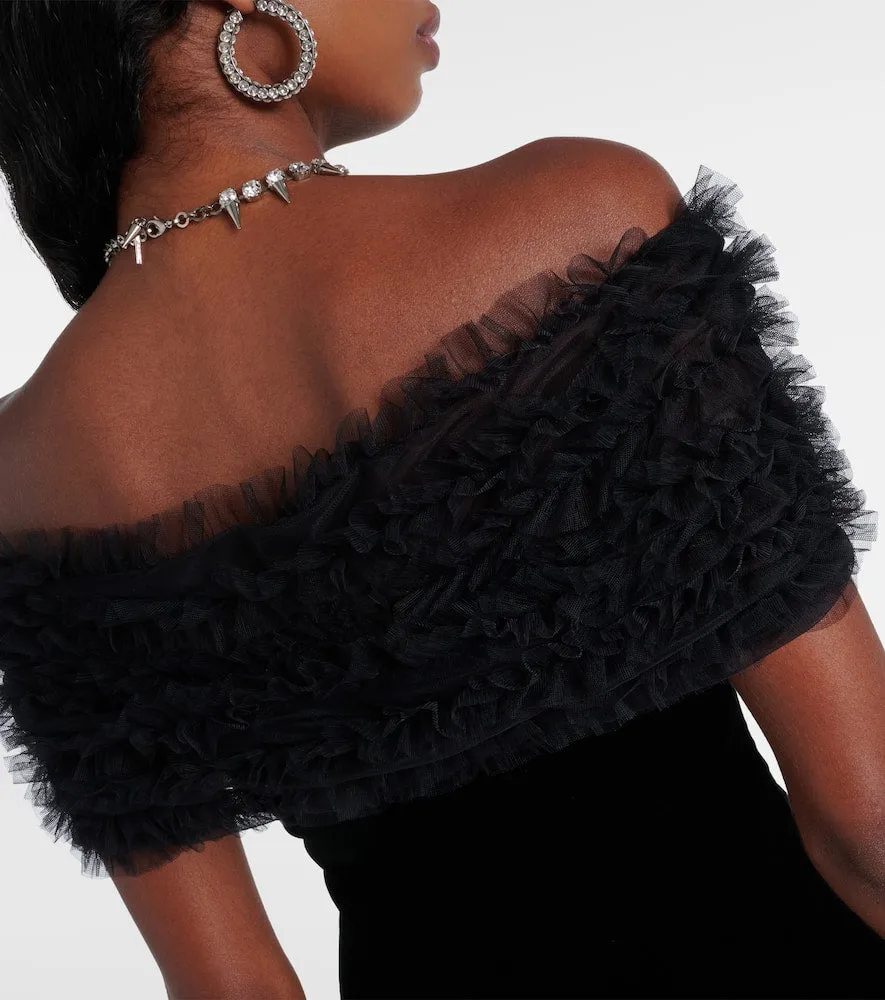 Alessandra Rich Off-shoulder velvet and tulle minidress