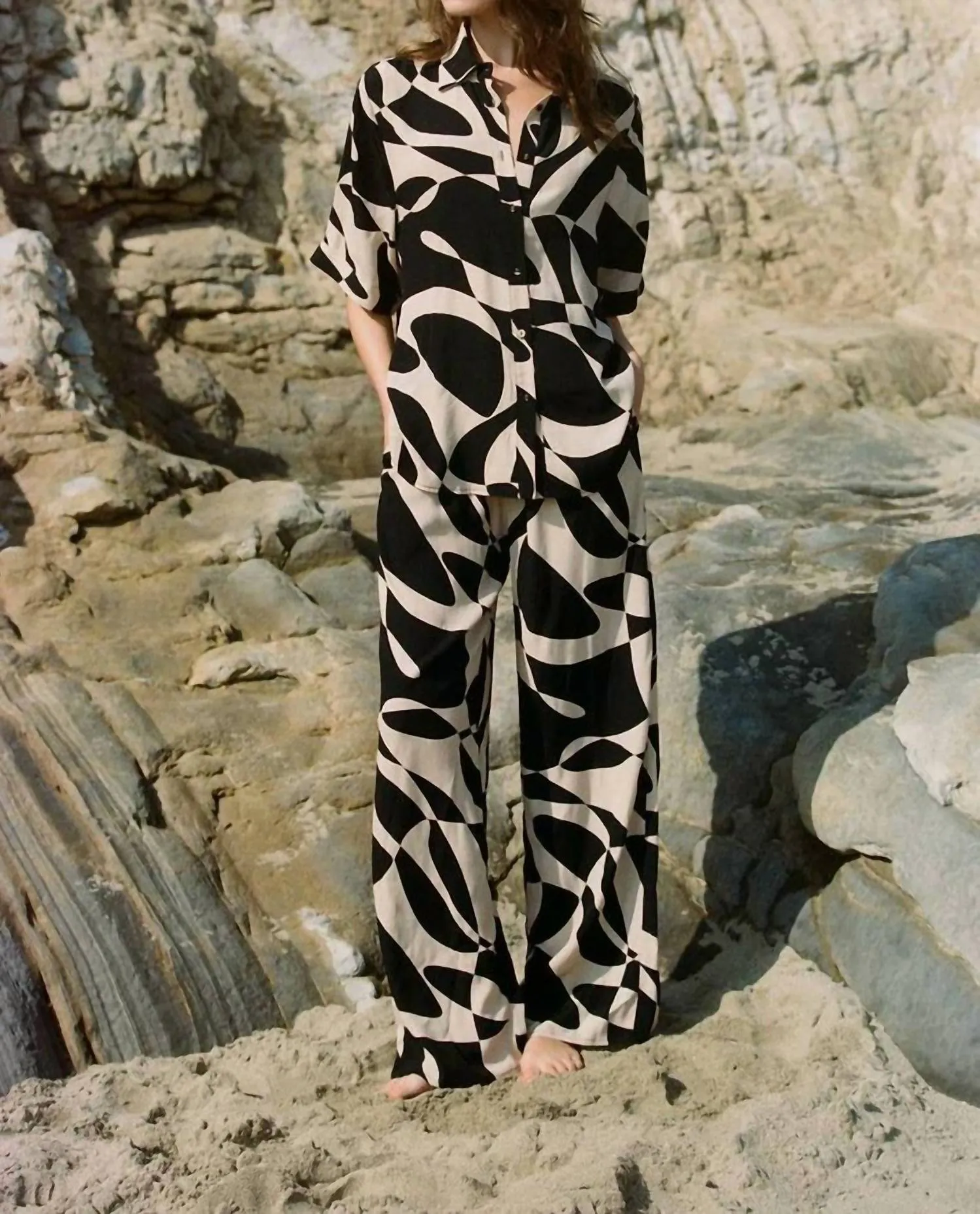 A.Ren - Woven Polyester Elastic Waist Tie Wide Leg Pants