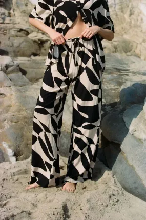 A.Ren - Woven Polyester Elastic Waist Tie Wide Leg Pants