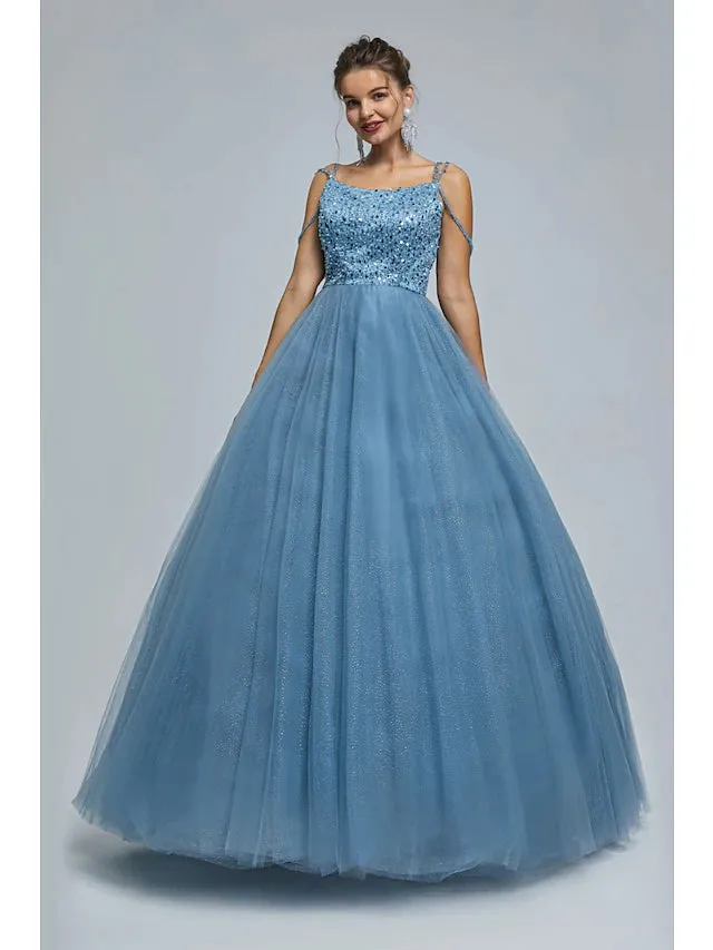 Ball Gown Prom Dresses Sparkle & Shine Dress Graduation Floor Length Sleeveless Spaghetti Strap Tulle with Pearls Sequin