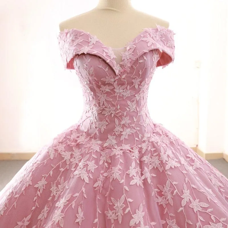 Ballerina Pink Off Shoulder Sweetheart  Puffy Pleated Evening Formal Dress