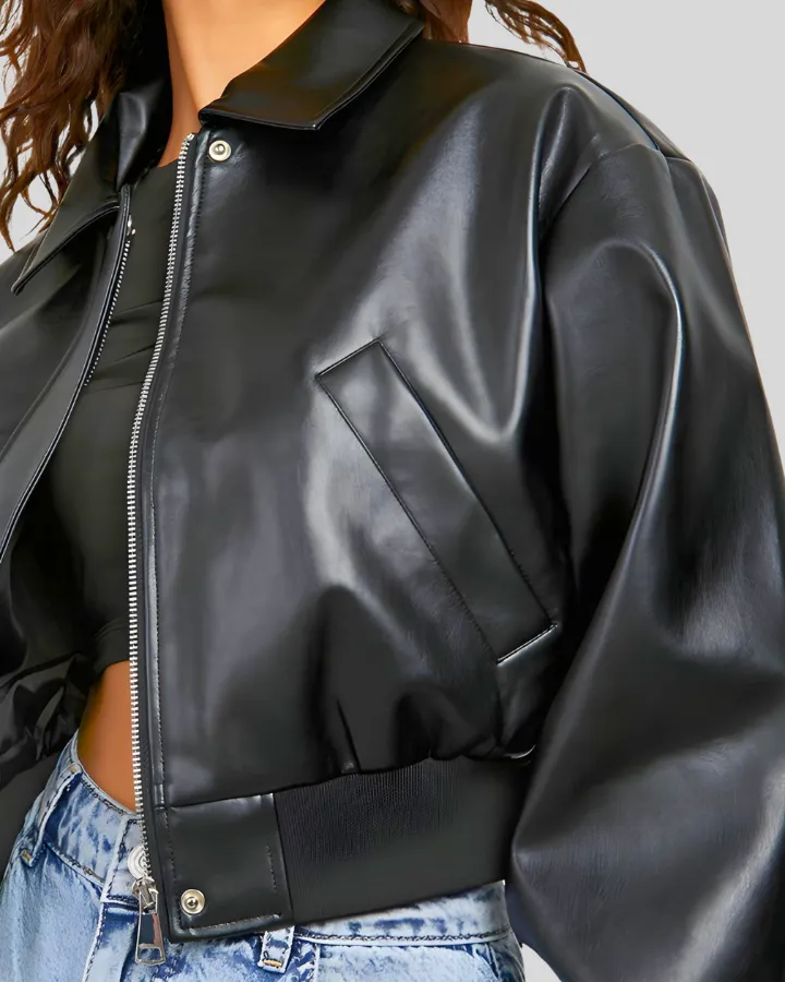 City Sleek Oversized Cropped Black Leather Bomber Jacket