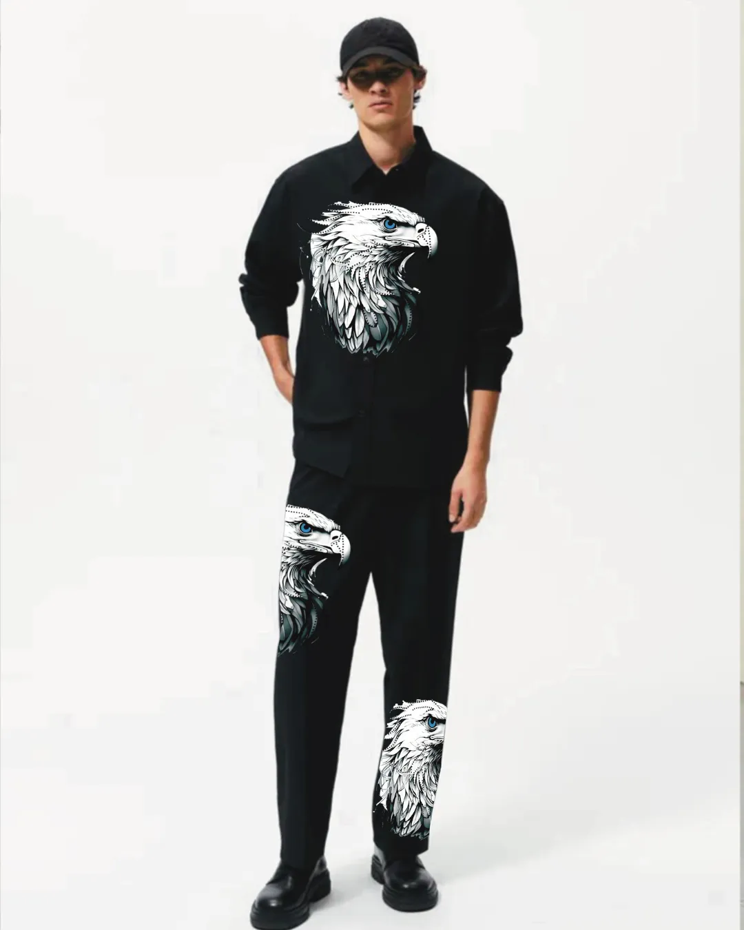 Eagle Full Sleeve Oversized Knitted Shirt Coord Set - Black and Black (*)