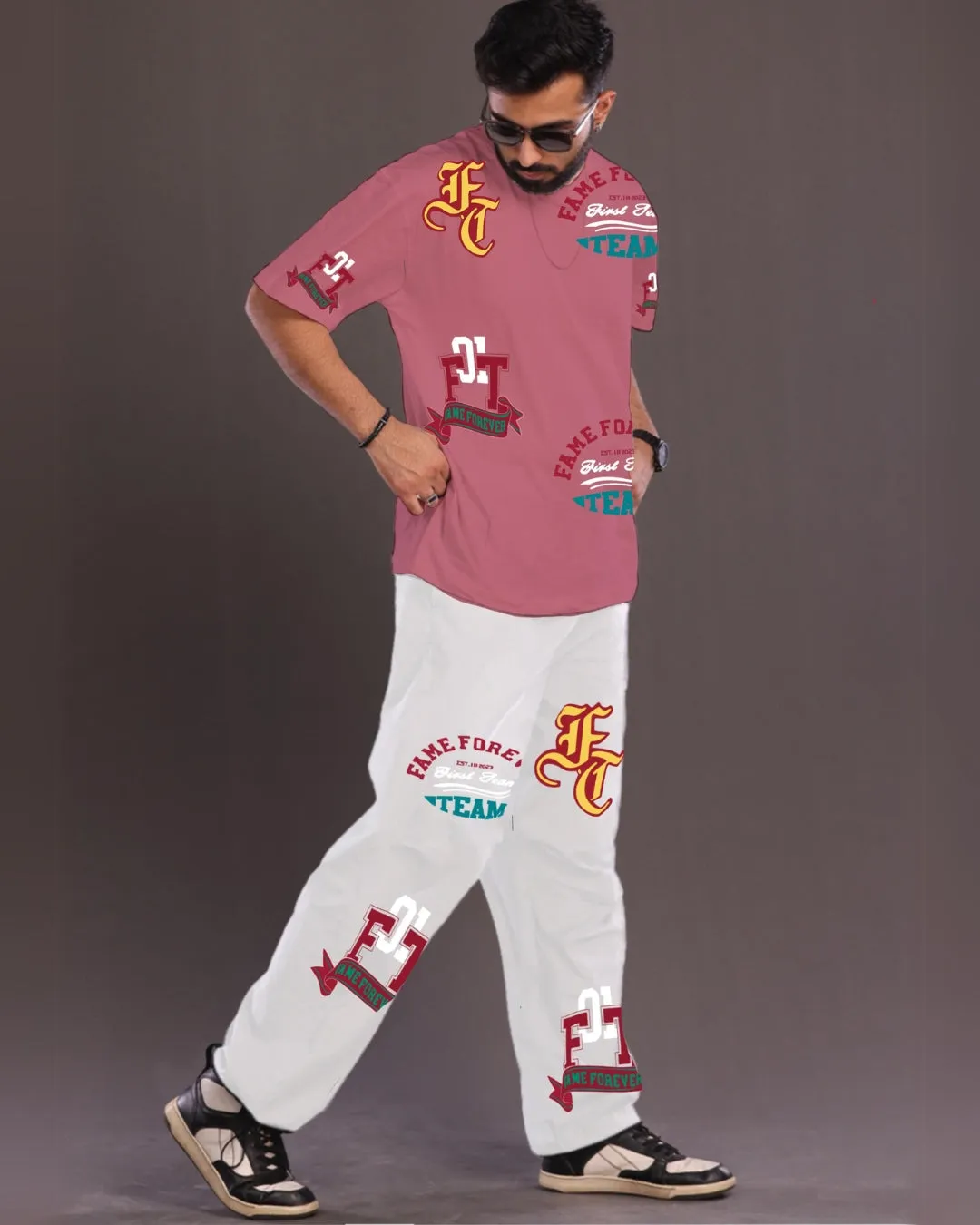 Fame Forever: Pink and White Oversized Men's Co Ord Set