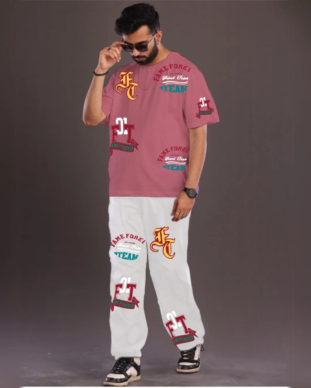 Fame Forever: Pink and White Oversized Men's Co Ord Set