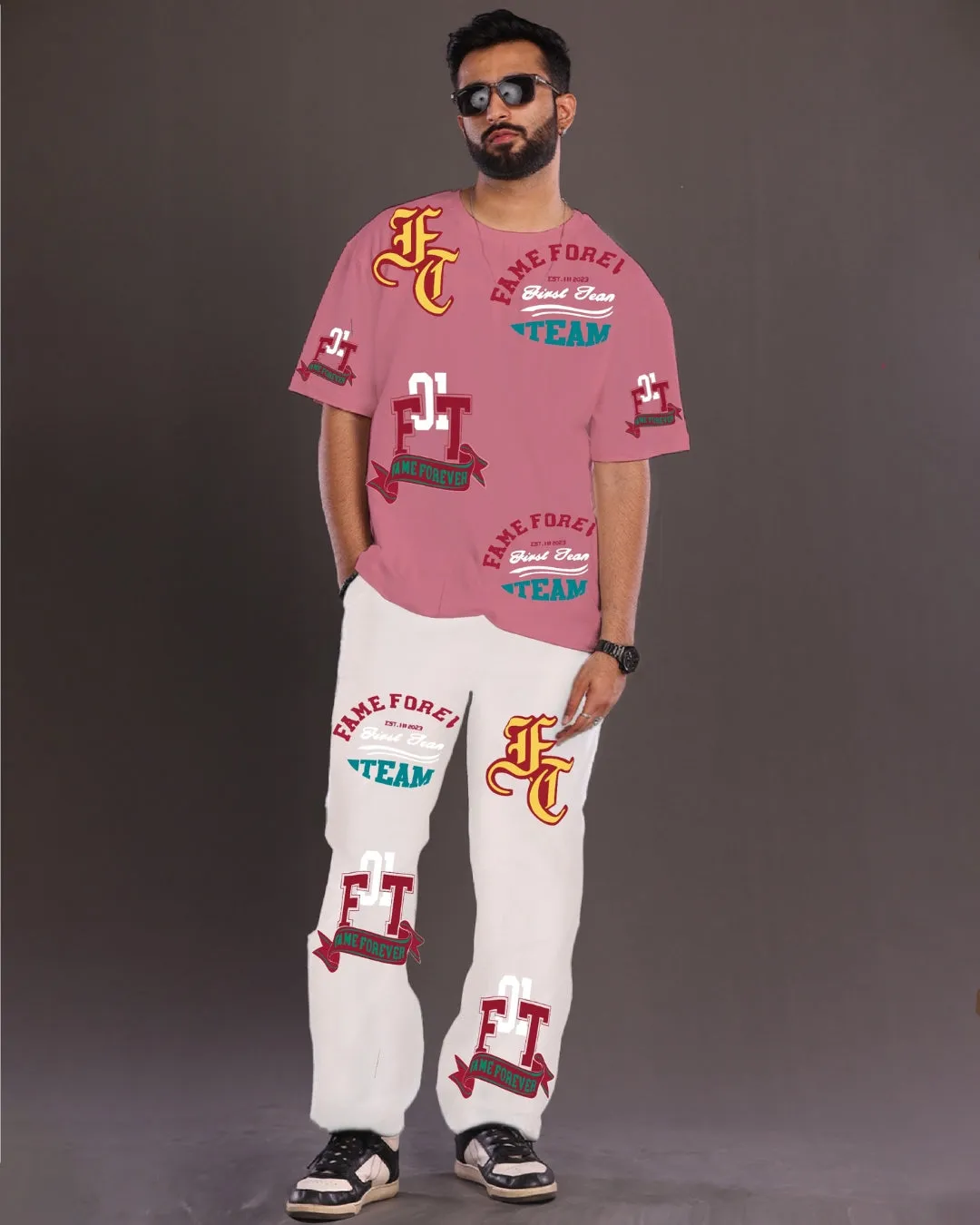 Fame Forever: Pink and White Oversized Men's Co Ord Set