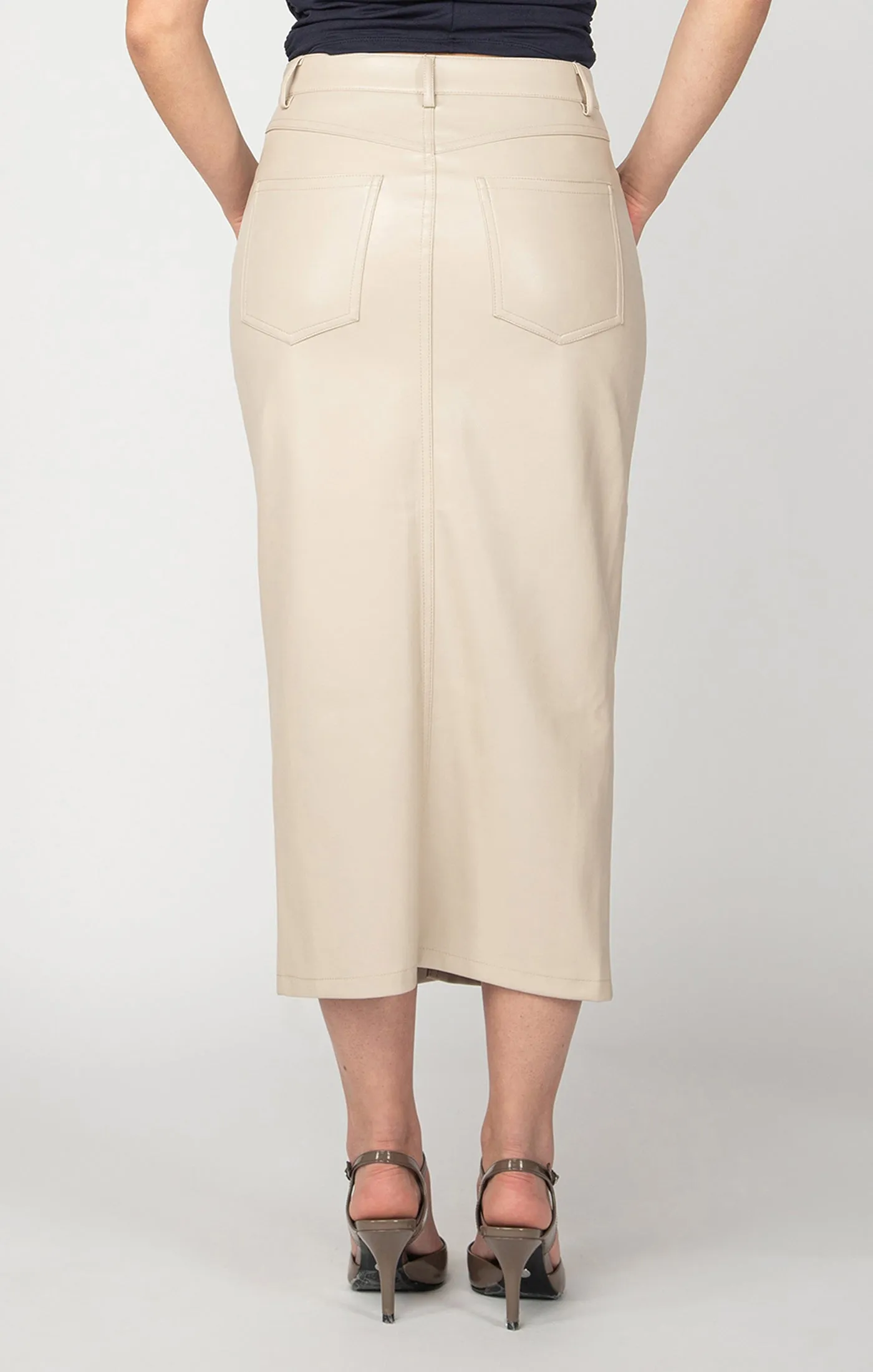 Faux Leather Midi Skirt | Cream Beige