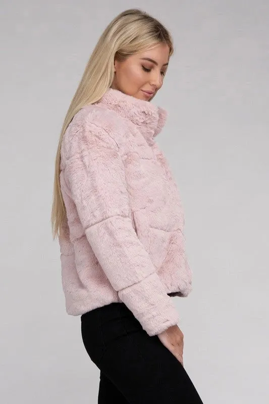 Fluffy Zip-Up Sweater Jacket Mauve