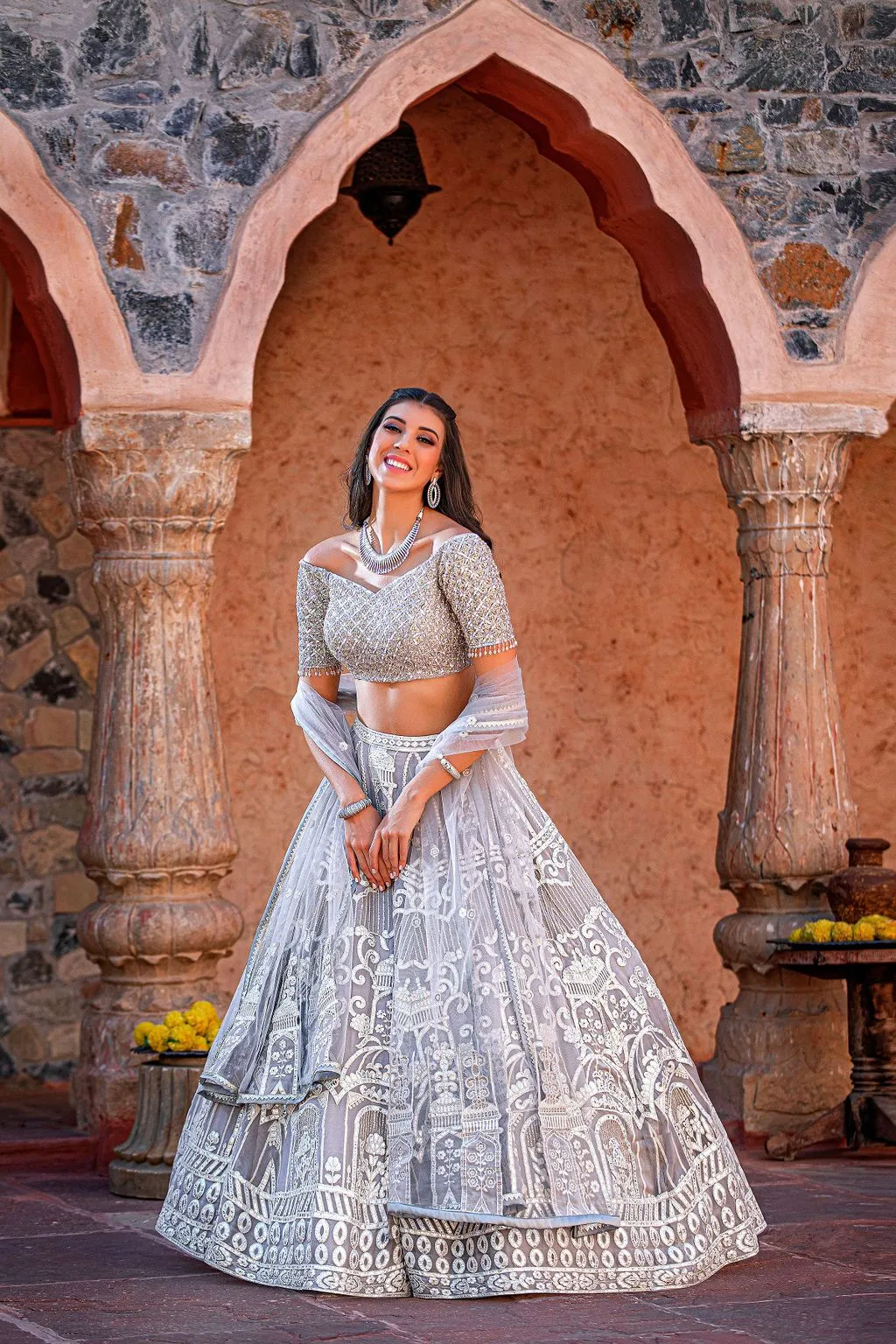 Grey Leather Patch embroidery Lehnga