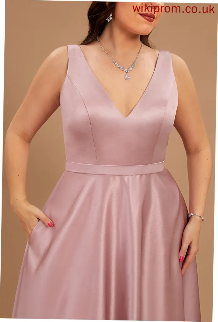 Satin V-neck Floor-Length Ball-Gown/Princess Prom Dresses With Ida Pockets