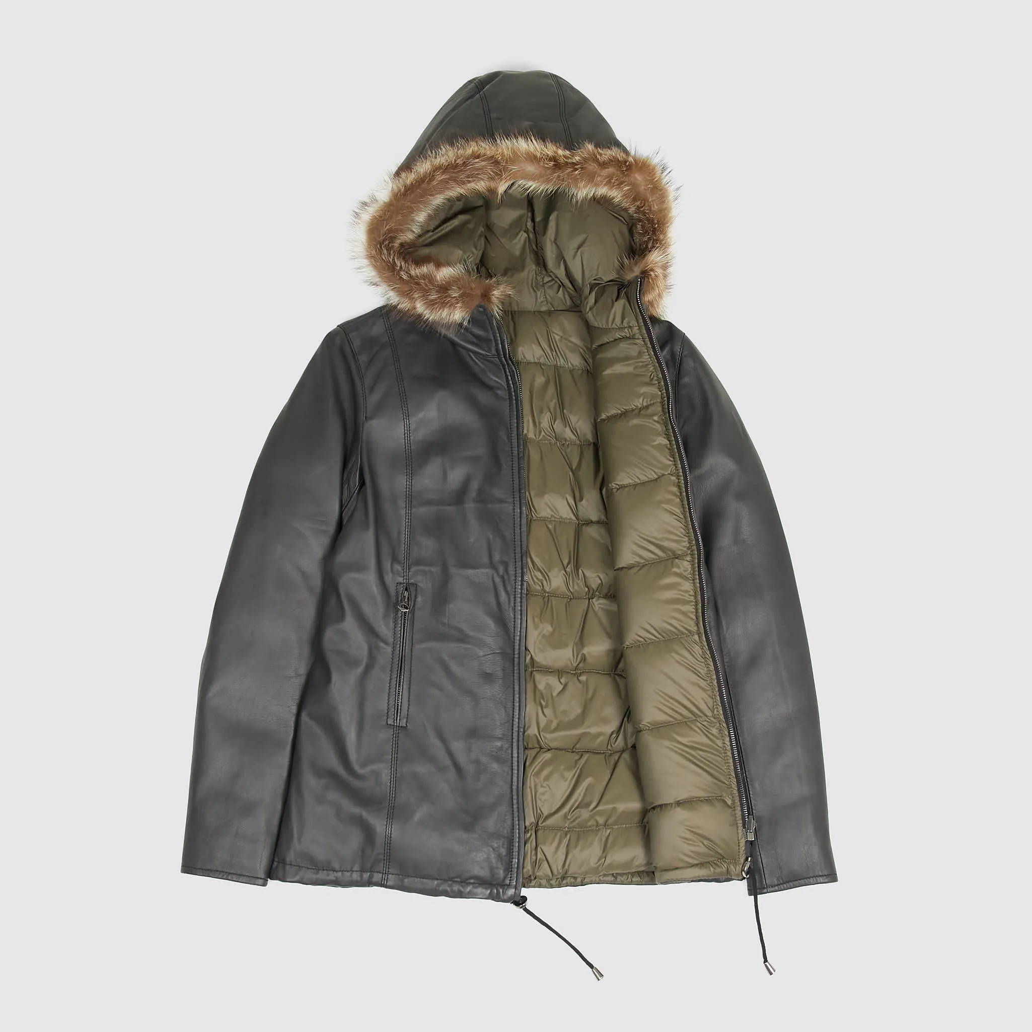 Stewart Ladies Reversible Down Hooded Leather Jacket
