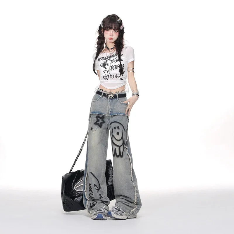Summer Blue Cartoon Puppy Graffiti Print Wide-leg Jeans