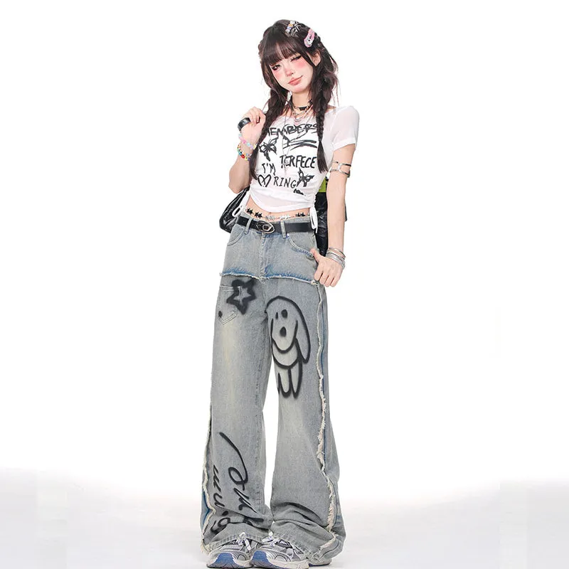 Summer Blue Cartoon Puppy Graffiti Print Wide-leg Jeans