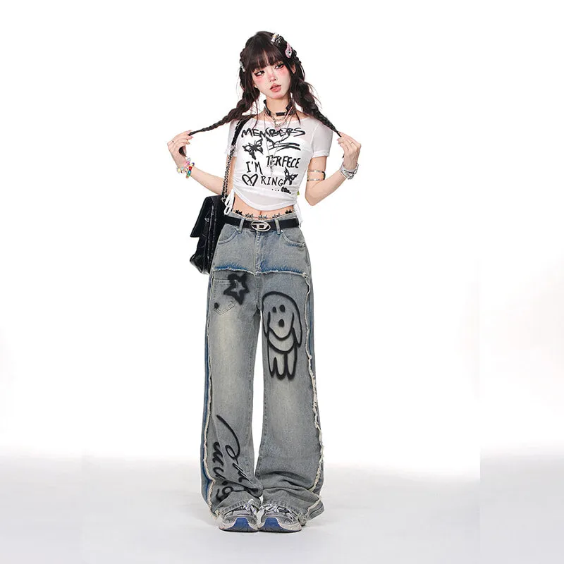 Summer Blue Cartoon Puppy Graffiti Print Wide-leg Jeans
