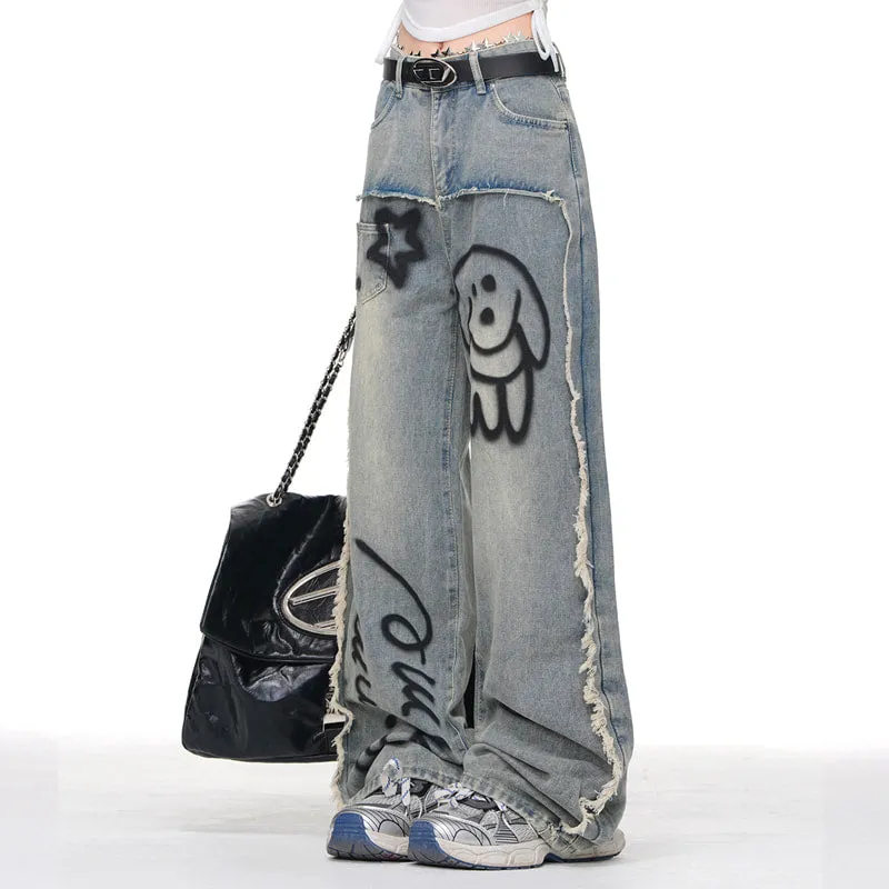 Summer Blue Cartoon Puppy Graffiti Print Wide-leg Jeans